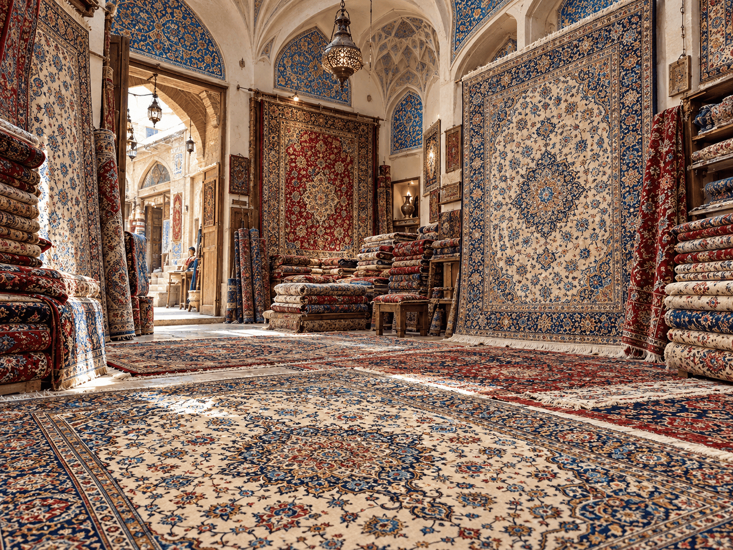 Historischer Teppichraum mit zahlreichen Orientteppichen